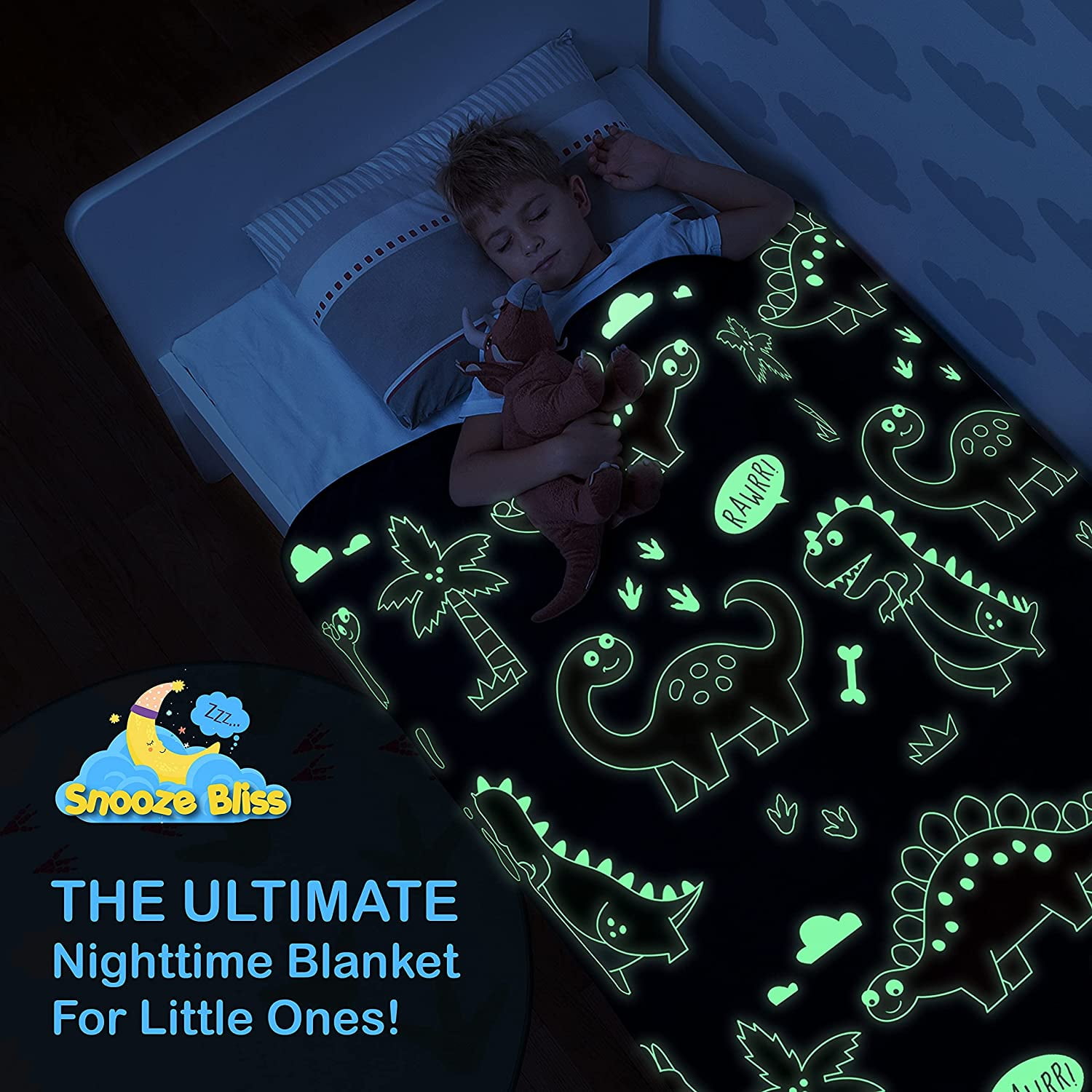 Glow in The Dark Dinosaur Blanket for Boys –Soft Plush Blue Fleece Throw Blanket. Great Dinosaur Gifts for Kids, Grandkids, Baby, Toddler, Birthday, Christmas! 6+ Hour Glow. (50”X60”)