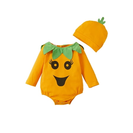

TheFound Halloween Newborn Baby Boy Girl Pumpkin Smiling Face Jumpsuit Romper + Hat Clothes