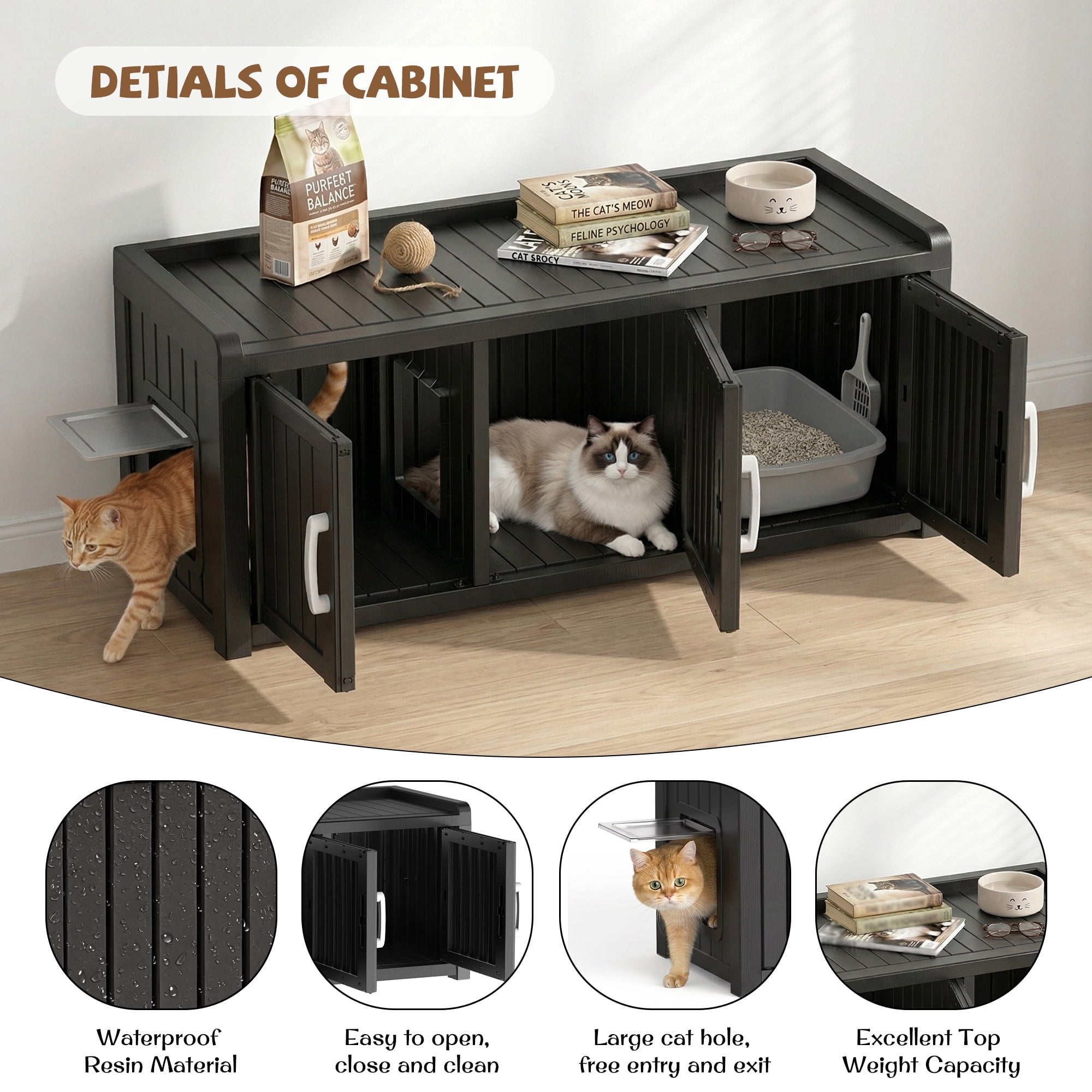 fazzn 2-in-1 Outdoor Cat House & Storage Cabinet, Weatherproof Litter Box Enclosure with Cat Door, Durable Resin Pet Shelter for Indoor, Easy Assembly.(Black),Father's Day Gift