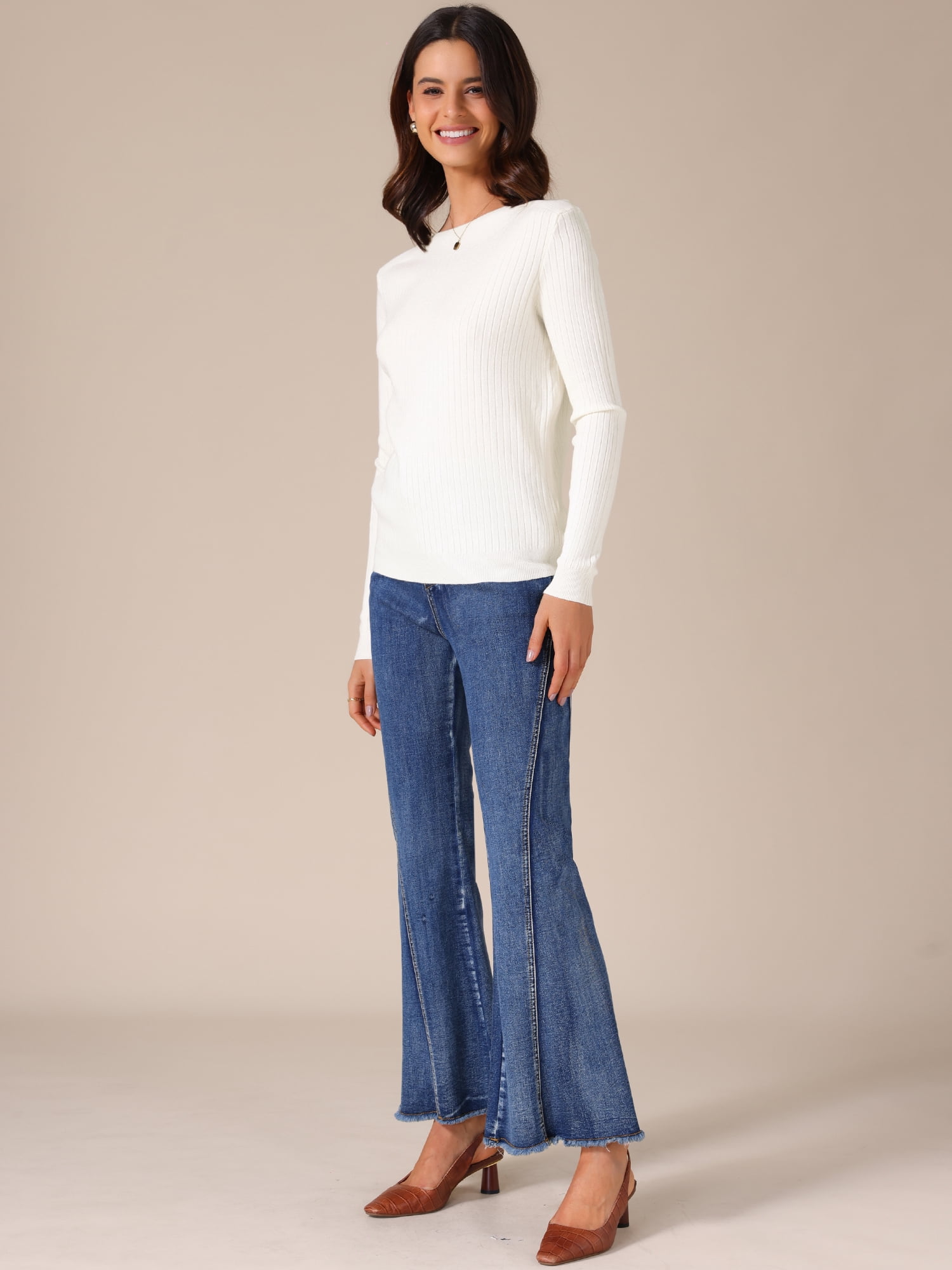 DARING DIVA Women's Boat Neck Long Sleeve Ribbed Sweaters M Beige