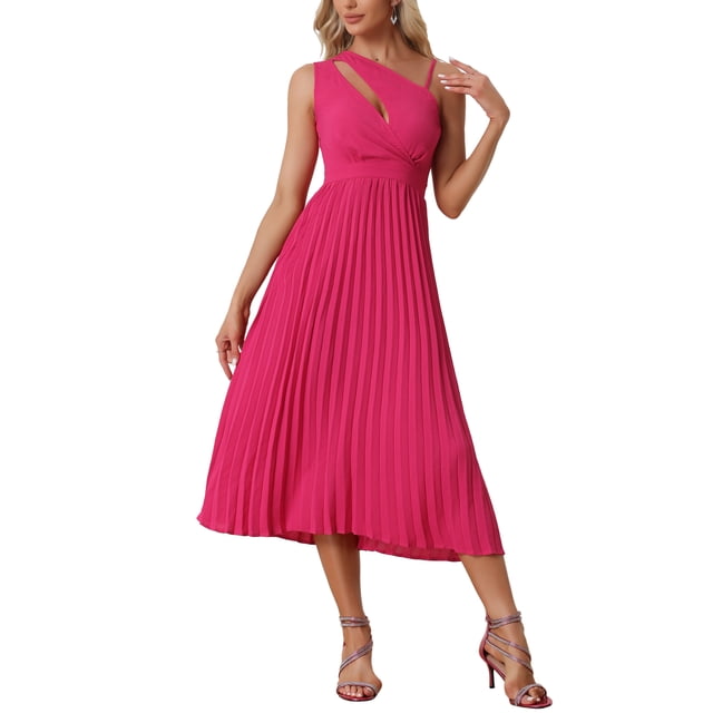 INSPIRE CHIC Women's Midi Summer Pleated Dress One Shoulder Sleeveless Cinched Waist Party Cocktail Dresses Hot Pink L