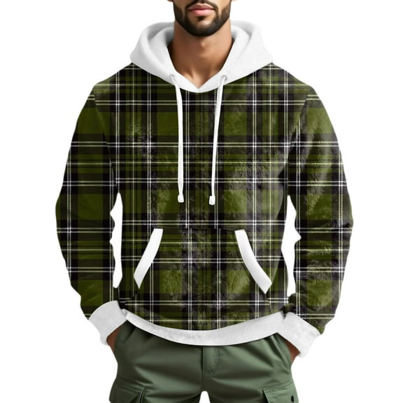 CharmCyan Men's Hooded Sweatshirt with Classic Plaid Print Long Sleeve Pullover Casual Fit Drawstring Hood Kangaroo Pocket Army Green L