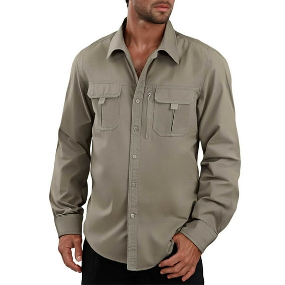 heyac Men's Fishing Shirts Long Sleeve Sun Protection UPF50 Quick Dry Button Down Shirts with Zipper Pockets