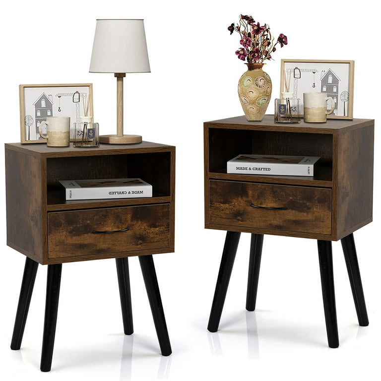 Nightstand with 2 Drawers, Modern End Table with Metal Legs Wood