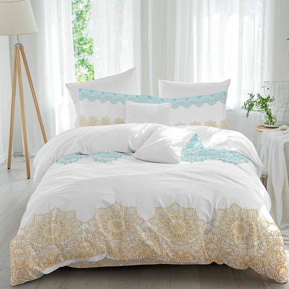 Bohemian Floral Texture Full Size Comforter Set, Blue Yellow Ethnic Retro Bedding for All Seasons, 4 Pcs Bed Set, 1Quiltcover (86"x86") ,1Sheet(80"x116"), 2Pillowcases (30"x20")