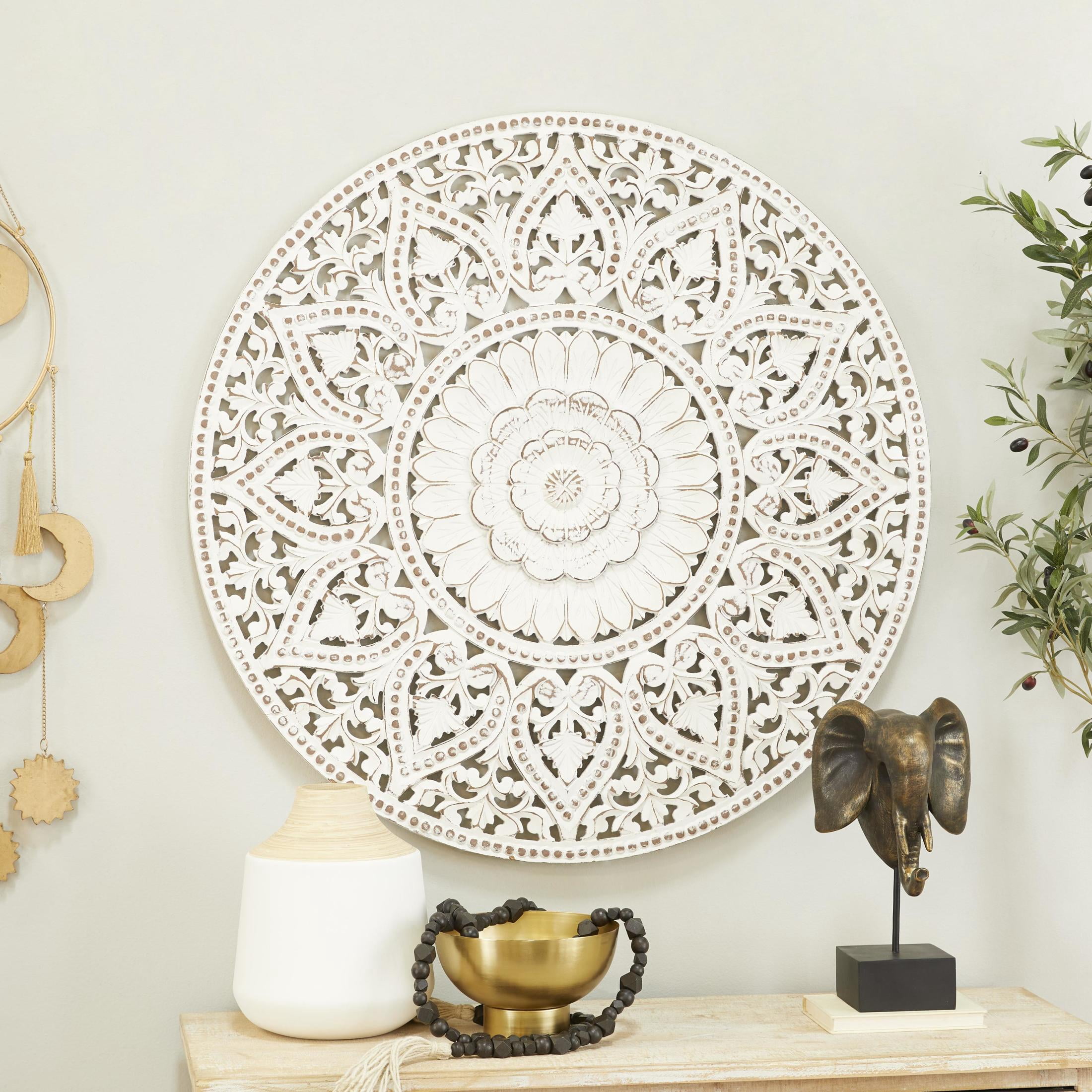 DecMode White Wooden Handmade Intricately Carved Floral Wall Decor with Mandala Design