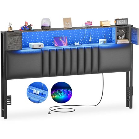 Homieasy Upholstered Headboard for Queen Size Bed Frame with Storage Shelf and Cabinet Headboards with Outlets and RGB LED Light Comfortable Head Board Sturdy and Stable Easy Assembly Black Oak