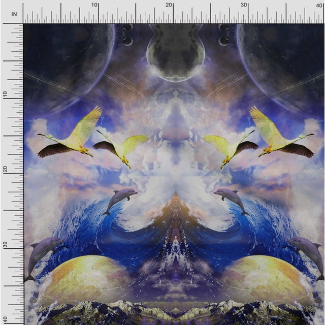 Soimoi Poly Georgette Fabric Sea & Flying Bird Panel Decor Fabric Printed Yard 52 Inch Wide