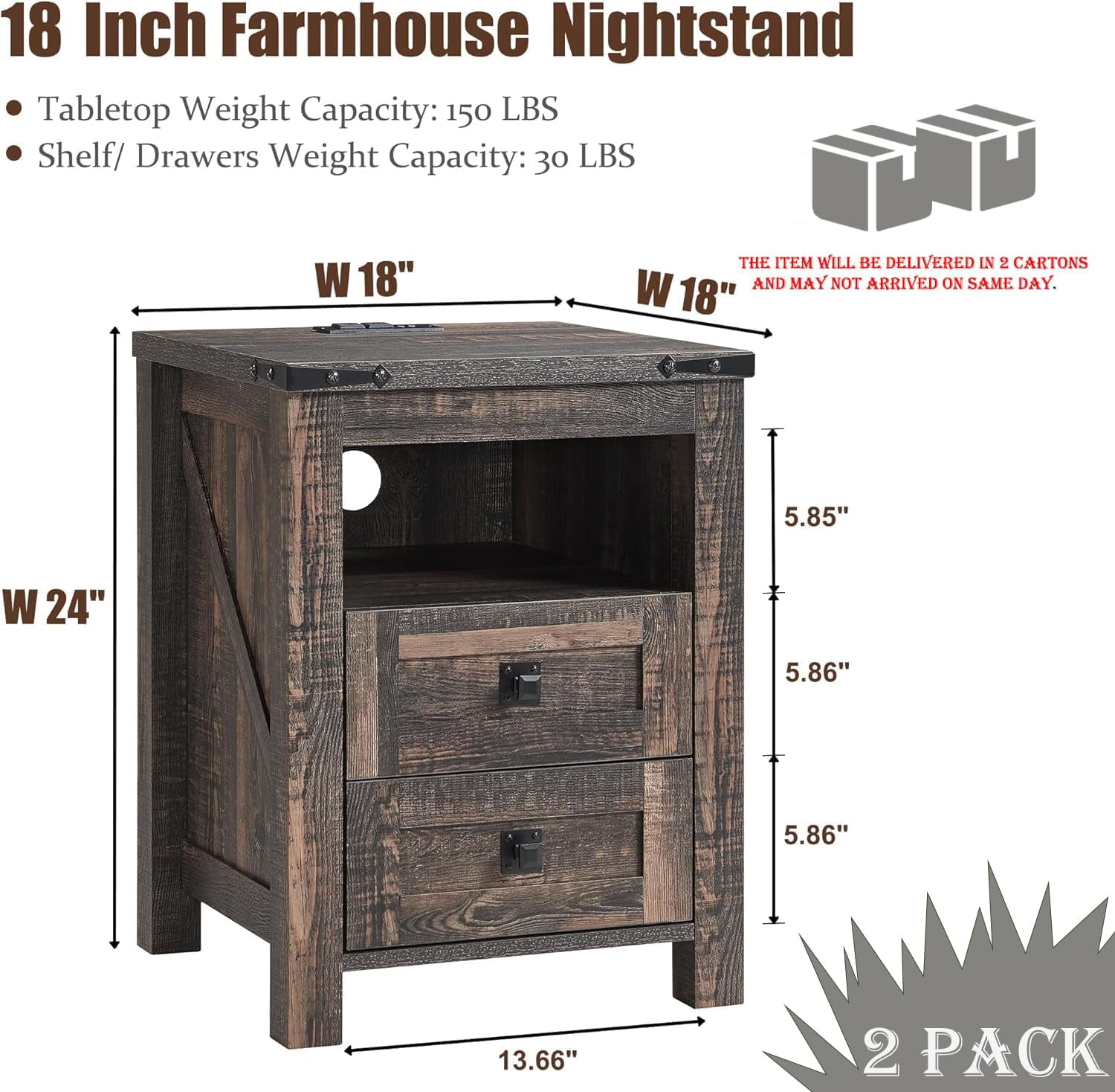 OKD Farmhouse Nightstand Set of 2 with Charging Station, 2-Drawer End Table, Dark Rustic Oak