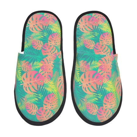 Balery Colorful Palm Leaves Slient Indoor Furry Fleece Comfort House Shoes Soft Non-Slip Home Shoes Cotton slippers House Slippers-- Large