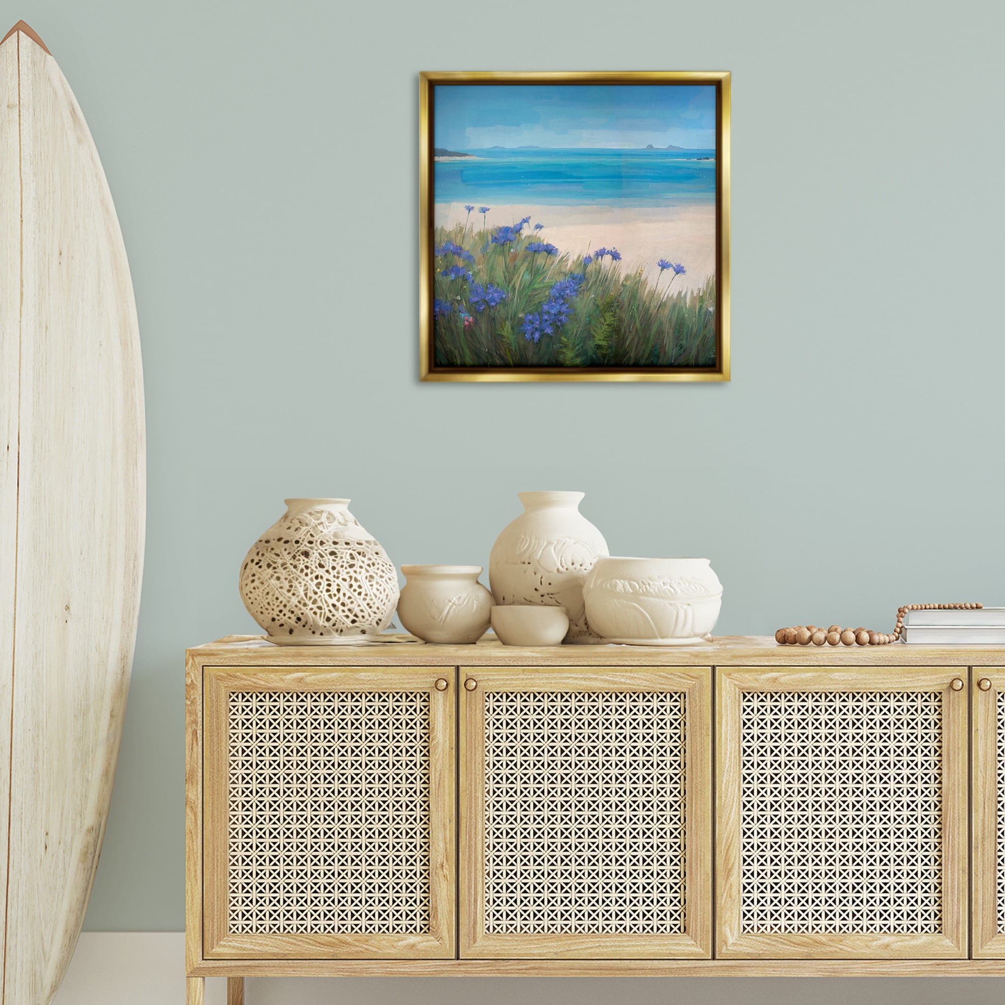 Stupell Industries Seaside Bluebell Flowers Landscape & Nature Painting Gold Floater Framed Canvas Art Print Wall Art, 25 x 25