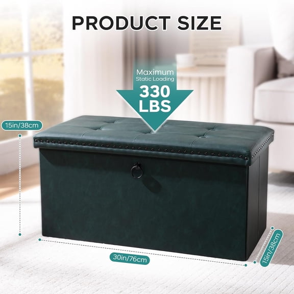 Folding Storage Ottoman Bench, Leather Foot Rest Stools with Rivet Design, 15" D x 30" W x 15" H, Ottoman with Storage End of Bed Bench Footstool for Living Room Bedroom, Load 330 lb, Green