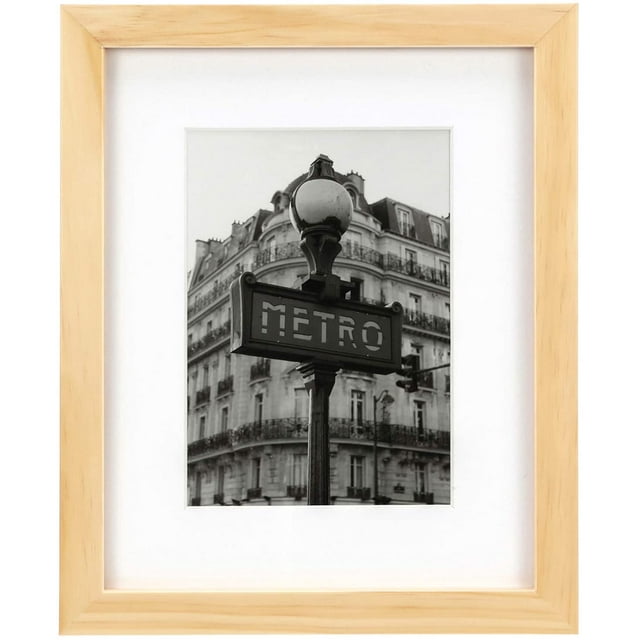 Tempered Glass 8x10 Picture Frame with a solid wooden frame in natural wood color, featuring mats for a 5x7 photo. Ideal for home décor, wall mounting, or tabletop display, with included mounting hardware.