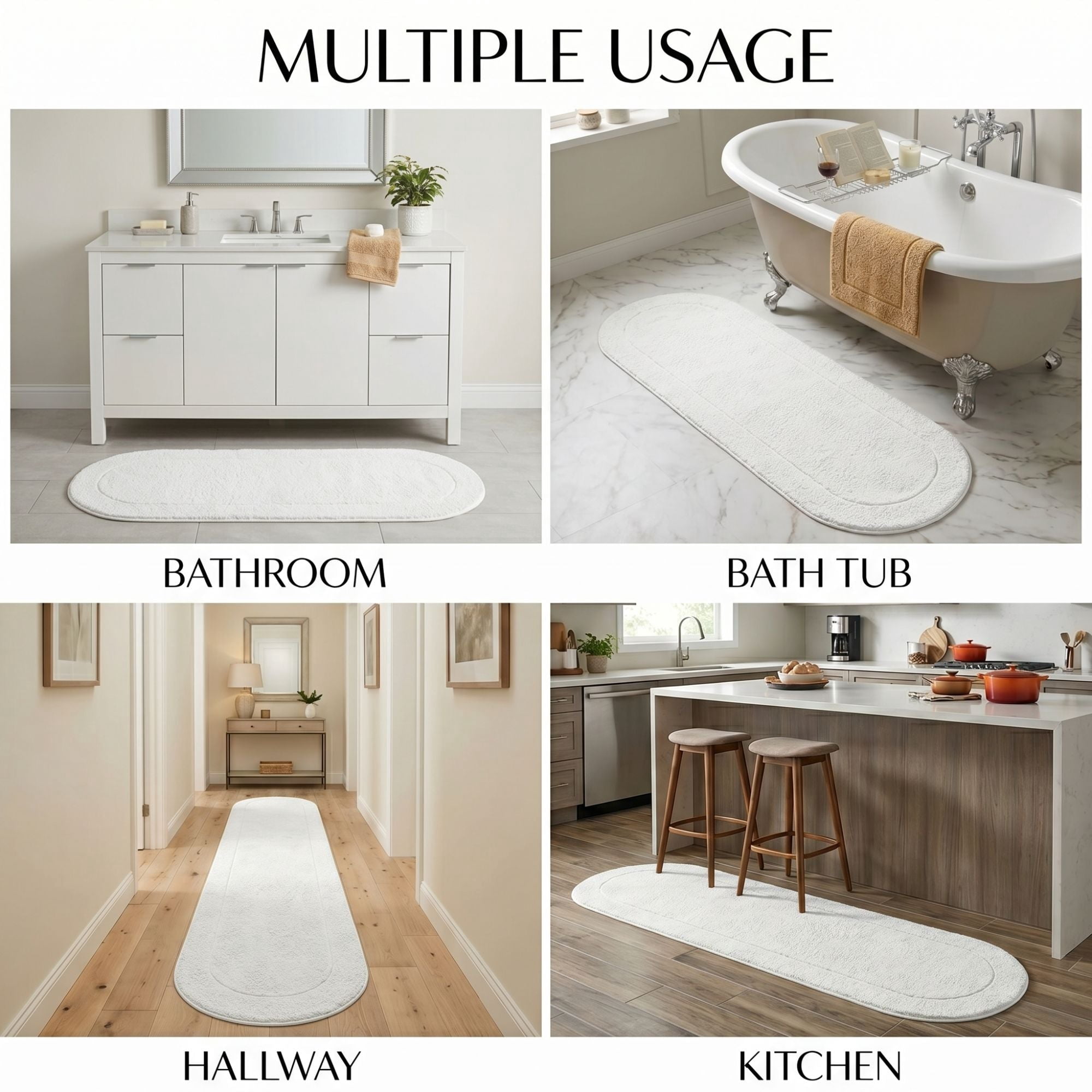 Superior Oval Bordered Cotton Washable Non-Slip Bath Rug, Runner Size, White