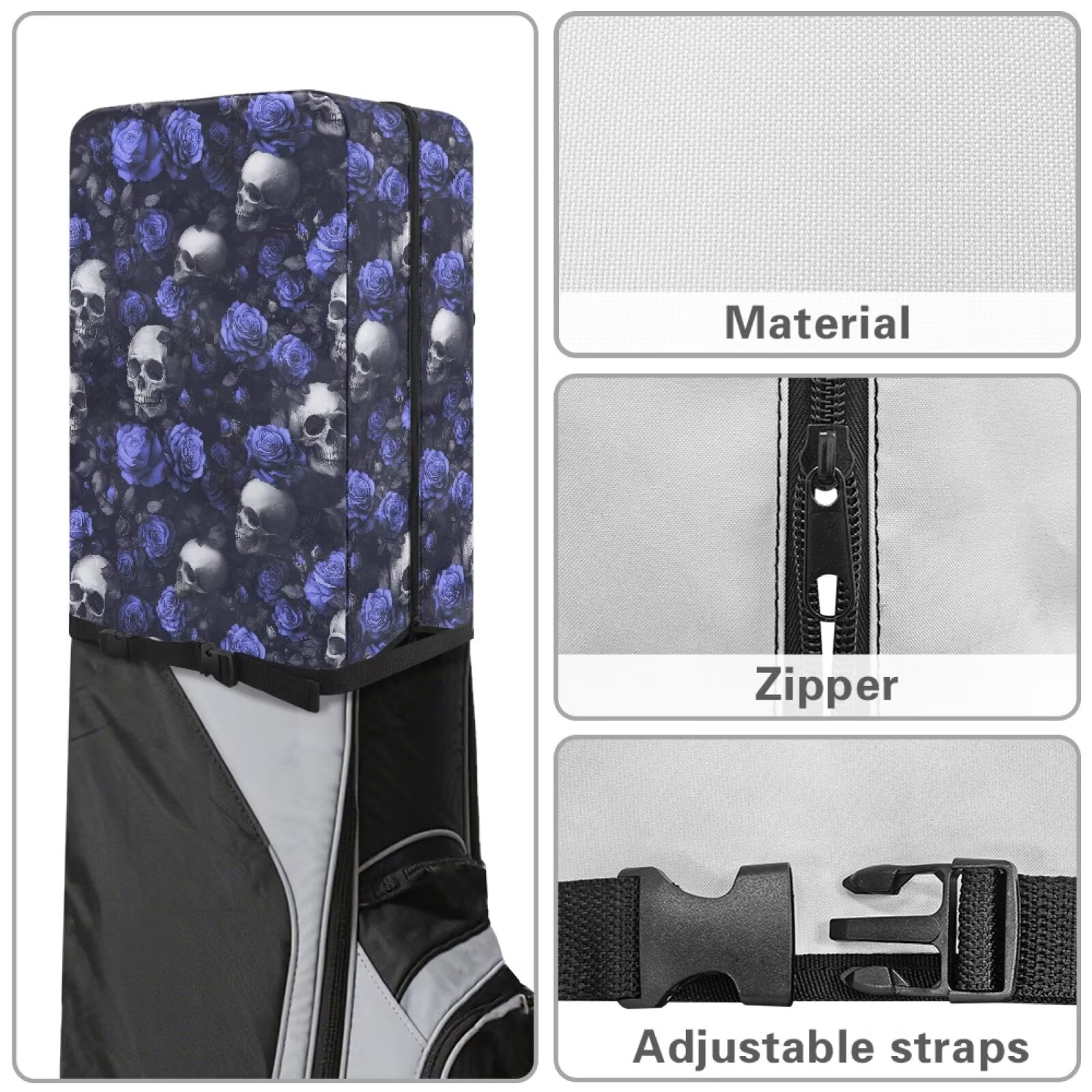 Chririnla Blue Rose Skull Golf Bag Cover Hood Dust & Sun Protection Umbrella for Clubs with Snap Button Universal Fit for Most Club Bags, Stand Bags, Cart Bags & Tour Bags