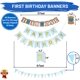 thumbnail image 4 of El primer cumpleaños del bebé está decorado con un globo con una corona de cumpleaños. Feliz cumpleaños. La silla alta tiene una pancarta de arpillera azul., 4 of 5