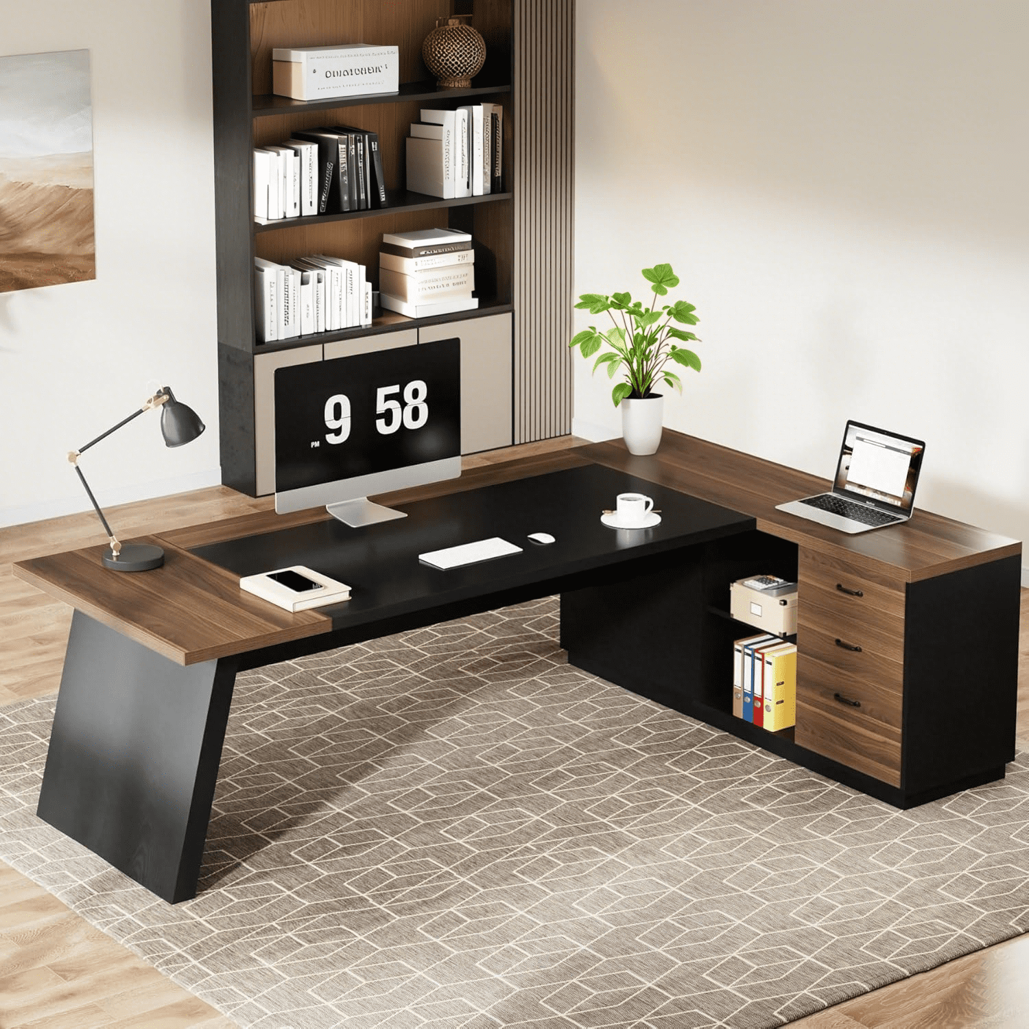 Tribesigns L-Shaped Executive Desk, 78" Modern Office Desk with Drawers and Lateral File Cabinet, Workstation for Home Office (Light Walnut + Black)