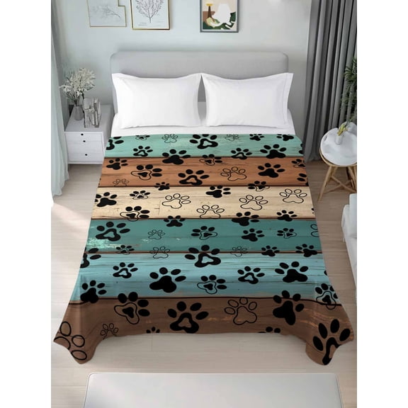 Green Brown Paw Print Queen Size Flat Sheet, Wrinkleproof & Fadeproof Cooling Flat Bed Sheet Only, Vintage Farmhouse Country Wooden Grain Breathable Soft Bedding Top Sheets 90 x 102 Inches