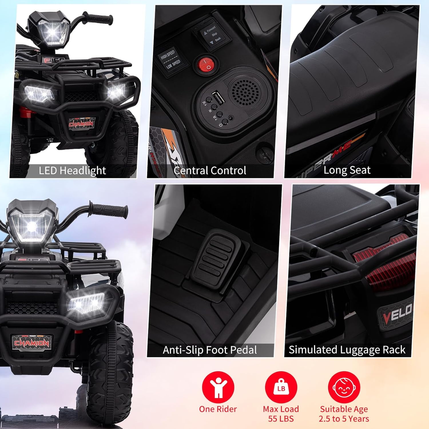 Acekid 12V Ride on ATV High/Low Variable Speed Ride on Electric Vehicle with LED Light Music USB 1.5-2.2mph Safety Speed Black