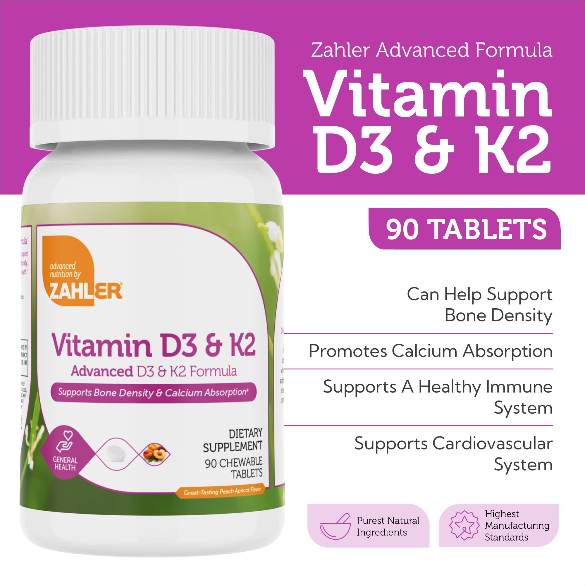 Zahler Vitamin D3 & K2, Peach Apricot, Chewable Tablets for Adults, Immune Support, Bone Density & Calcium Absorption, Kosher Supplement
