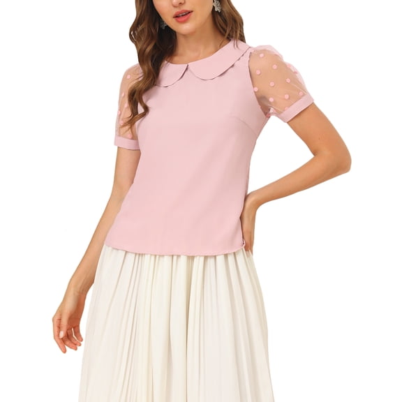 Allegra K Women's Polka Dots Peter Pan Collar Mesh Puff Short Sleeve Blouse