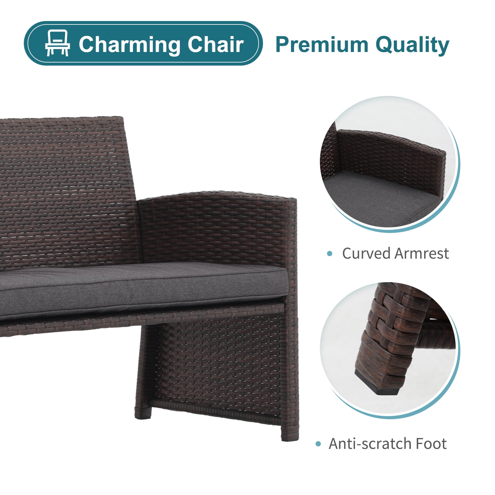 JOIVI 3-Piece Wicker Love Seat and Coffee Table Set, Outdoor Furniture Set with Loveseat and 2 Ottoman, Brown Rattan, Dark Gray Cushion