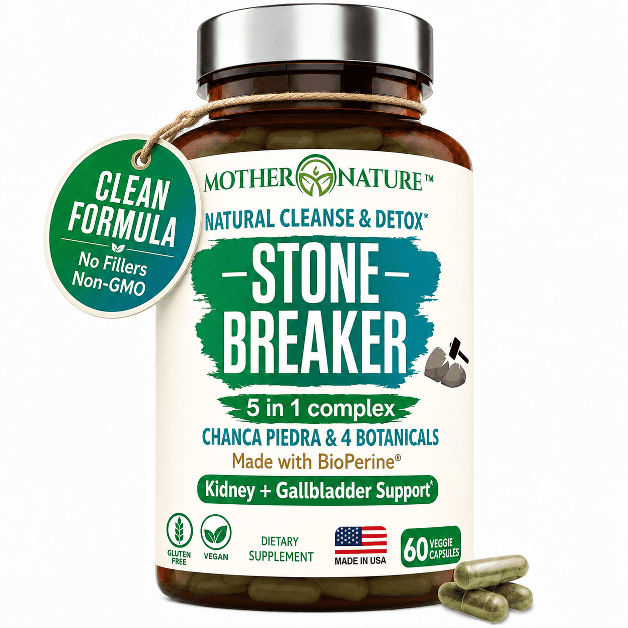 Mother Nature Organics Chanca Piedra Kidney Cleanse Detox, Health, Antioxidant - 60 Vegetarian Capsules