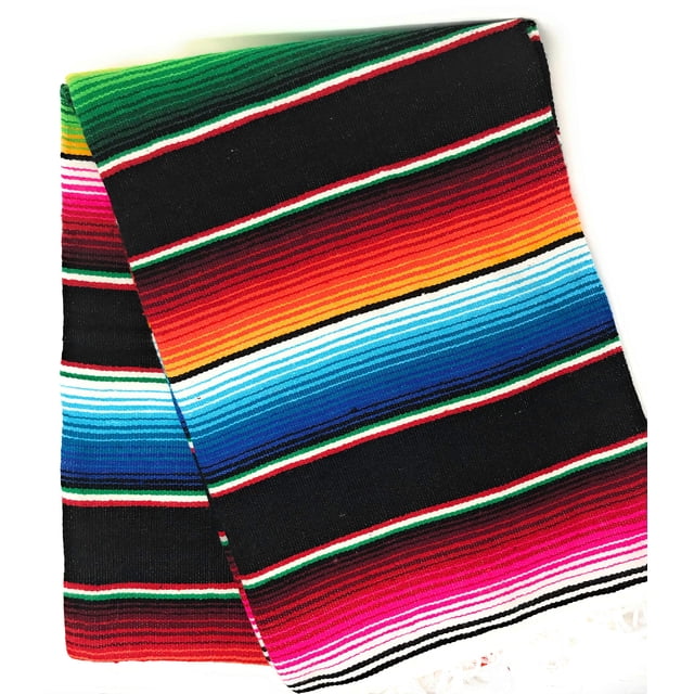 Mexitems Large Authentic Mexican Blanket Colorful Serape Blanket 7' X 5' (Pick Your Color) (Black)