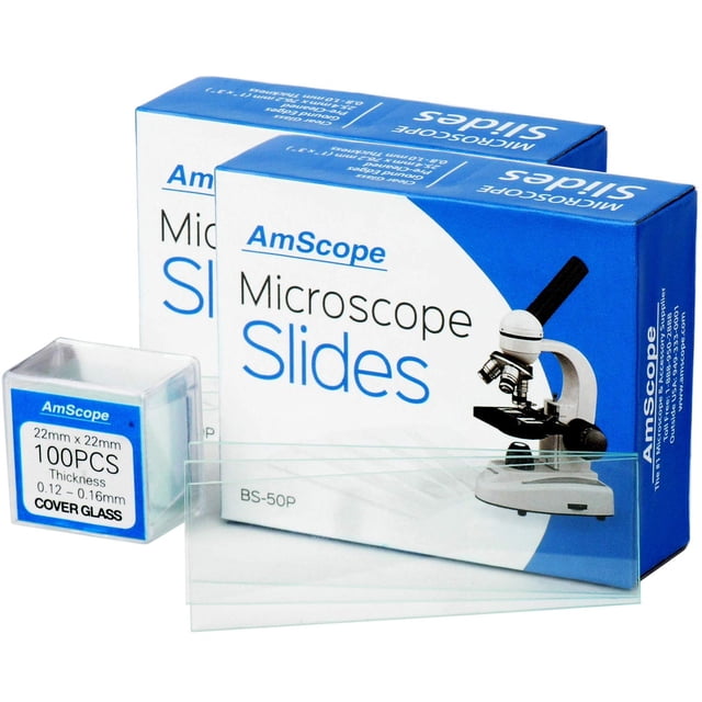 100 diapositivas en blanco para microscopios AmScope con 100 cubiertas de vidrio