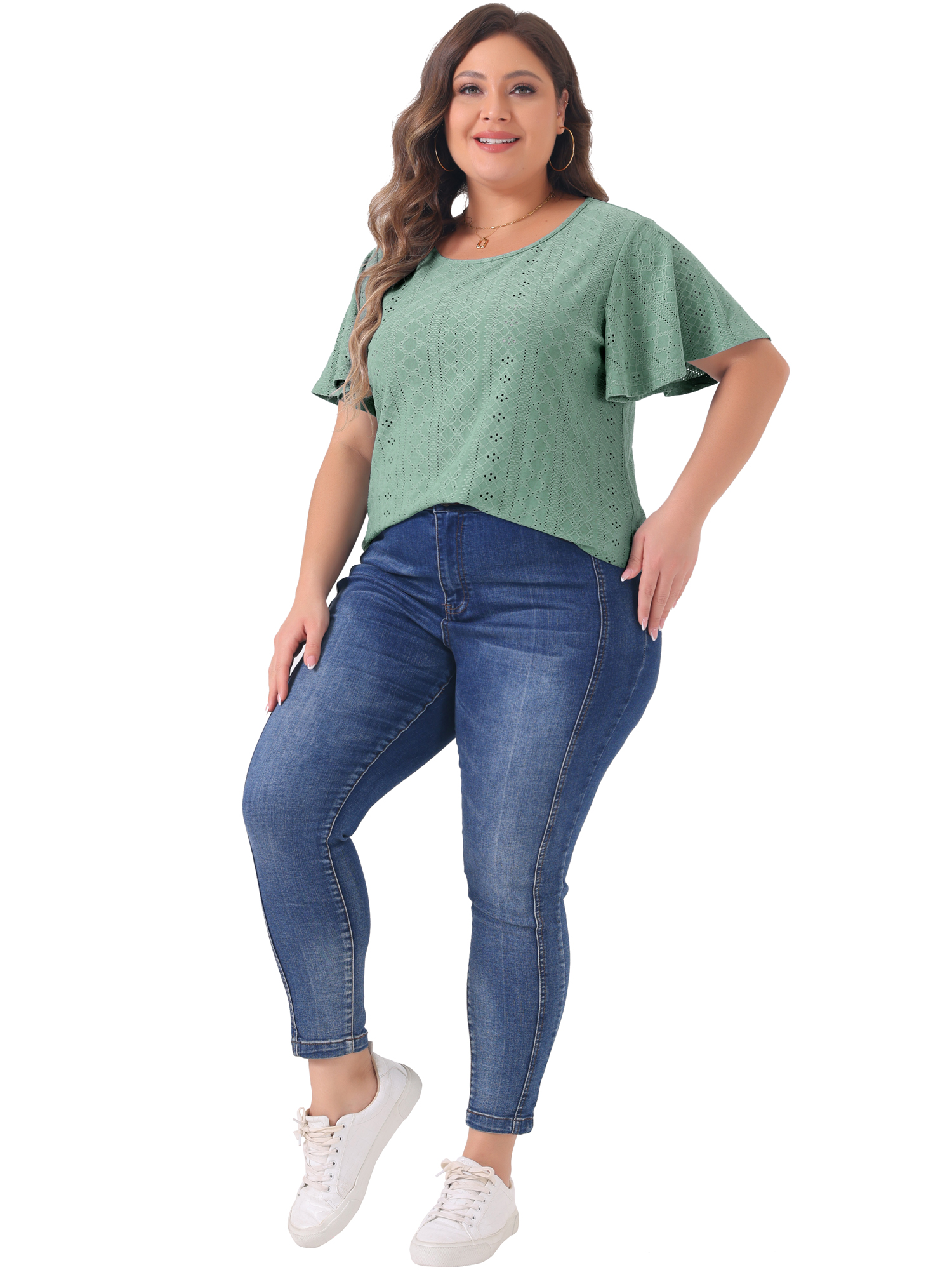 DARING DIVA Women's Plus Round Neck Hollow Flare Sleeve Casual Blouse 2X Green