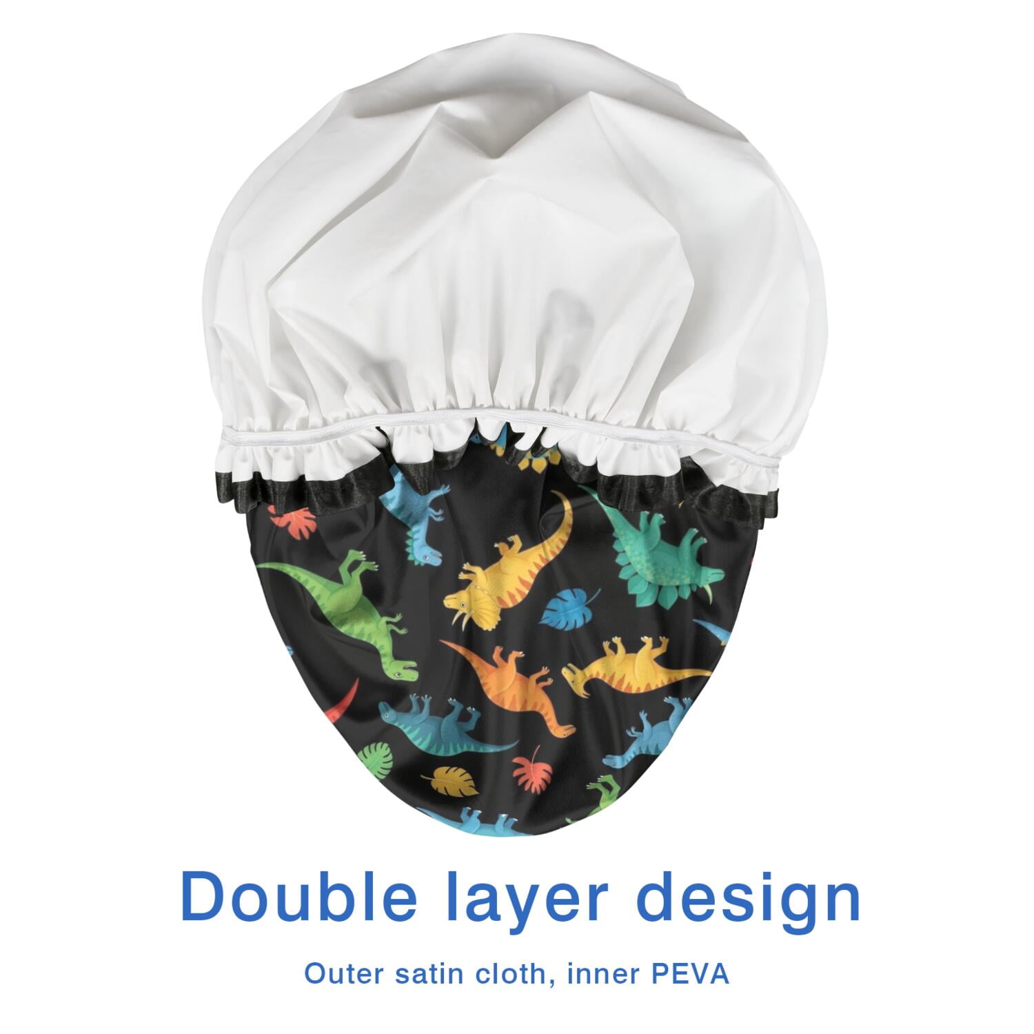 Shower Caps,Black Cartoon Dinosaurs Colorful Leaves Pattern Waterproof Shower Cap for Women 4 Pieces,Double Reusable Hair Cover for Shower PEVA Elastic Stretch Hem