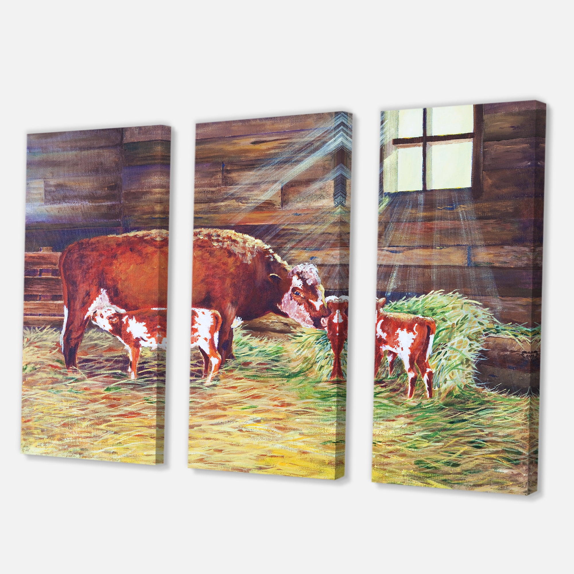 Designart ' Newborn Twin Calves With Cow At The Farm ' Farmhouse Canvas Wall Art Print
