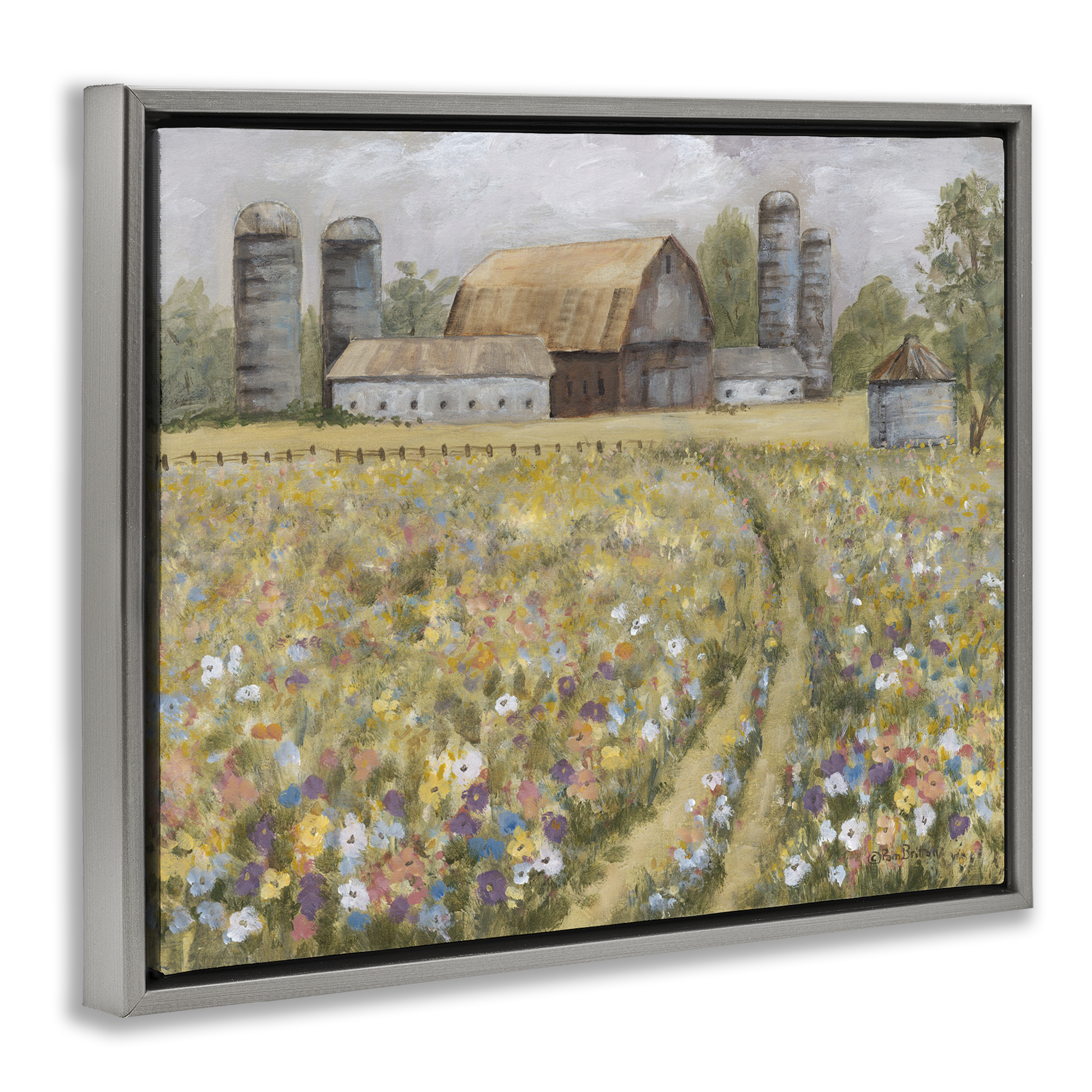 Stupell Industries Meadow Path to Barn Landscape Painting Gray Floater Framed Canvas Art Print Wall Art, 31 x 25