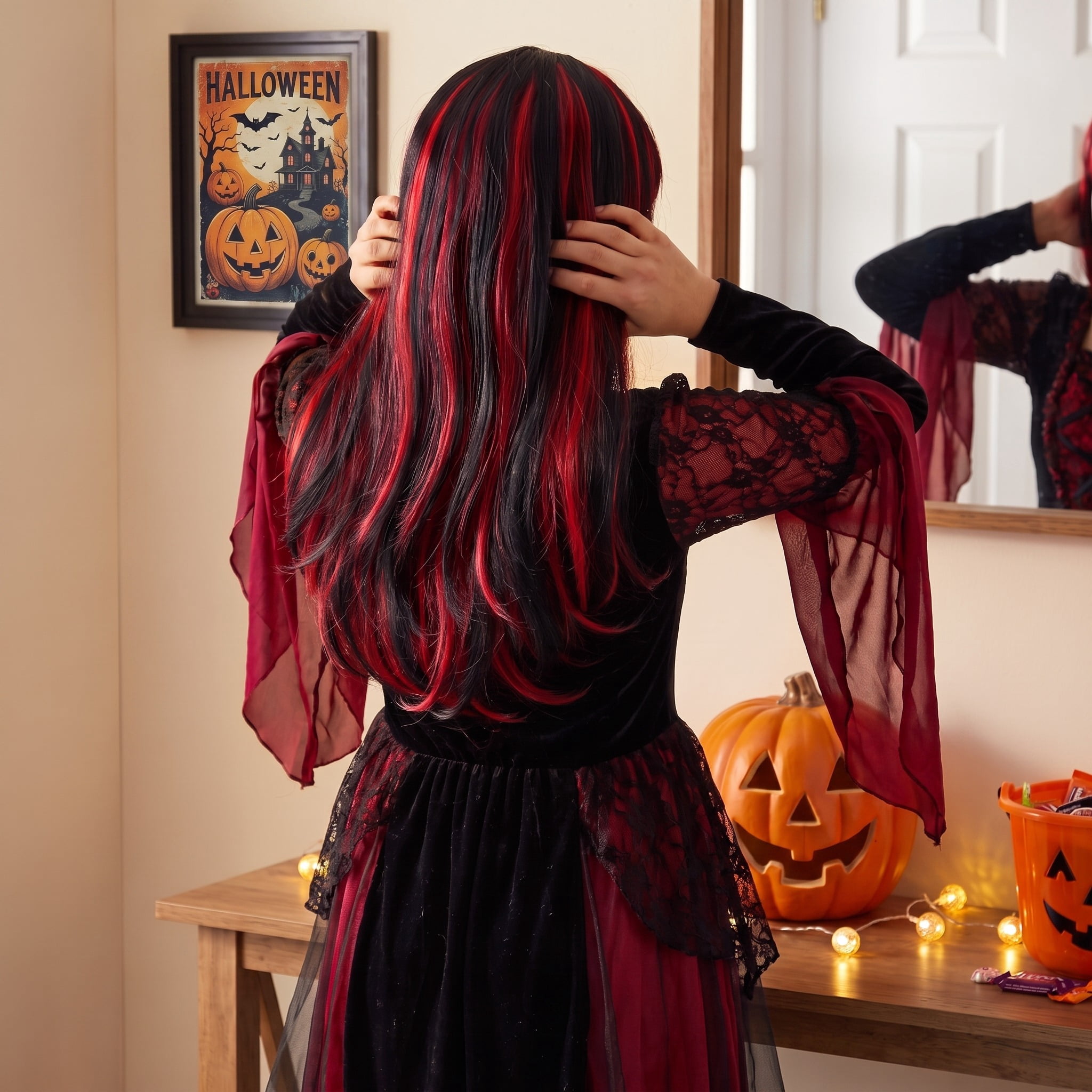 Gothic Wig Costume Accessory for Adults, Red and Black, Halloween by Way To Celebrate