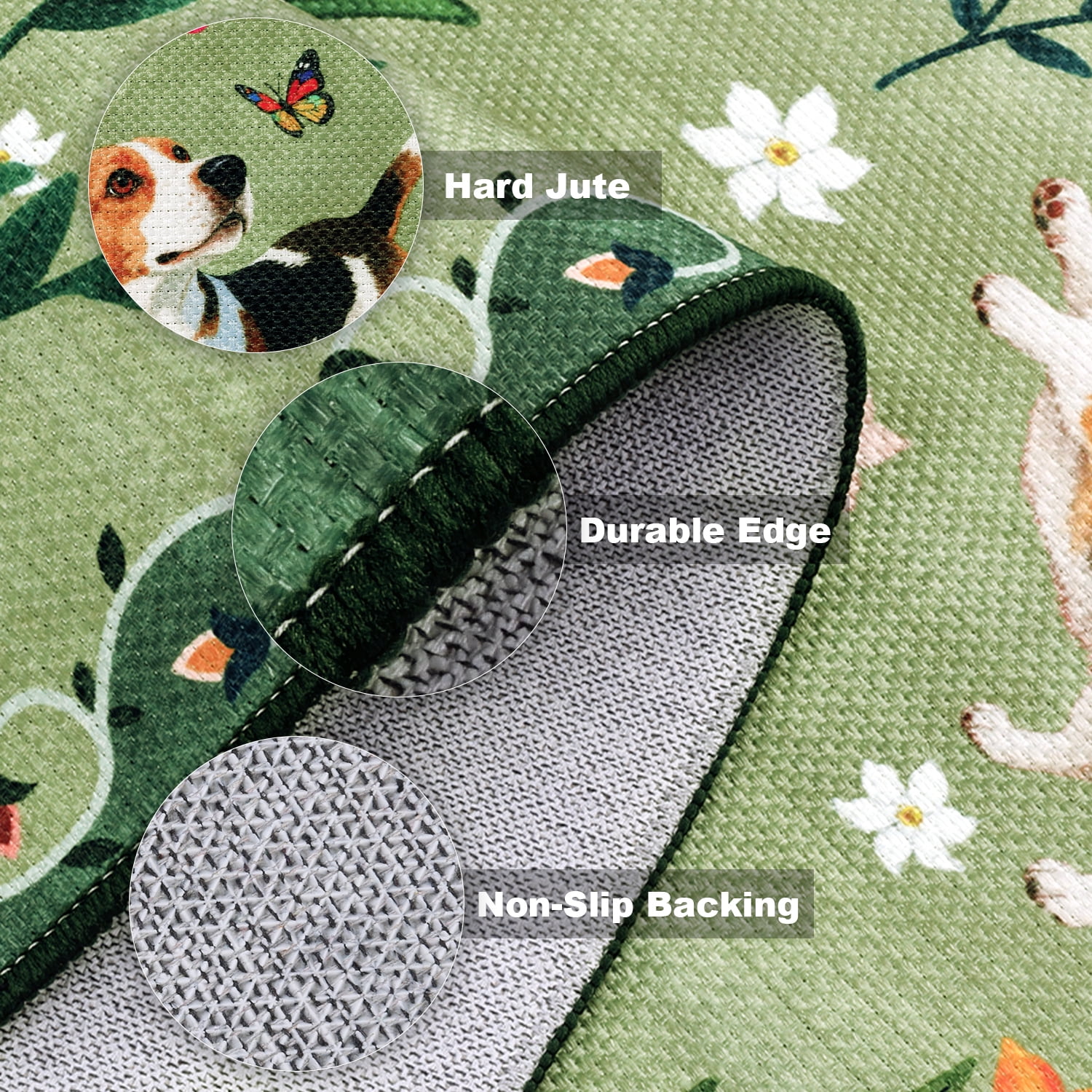 MJIAexp 2'x6' Jute Animal Dog Floral Kitchen Runner Rug,Woven Texture Machine Washable Runner Rug Non-Slip Rubberback Hallway Runner Laundry Rug Throw Carpet for Living Room Bedroom Dining Room Entry