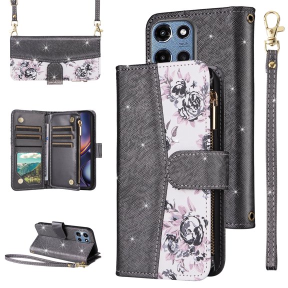Furiet for Motorola Moto G 5G 2025 Floral Wallet Case with Flip Zipper Purse Wrist/Shoulder Strap, Luxury Glitter PU Leather Card Holder Stand Accessories Phone Cover for G5G 5 G G5 Women Black