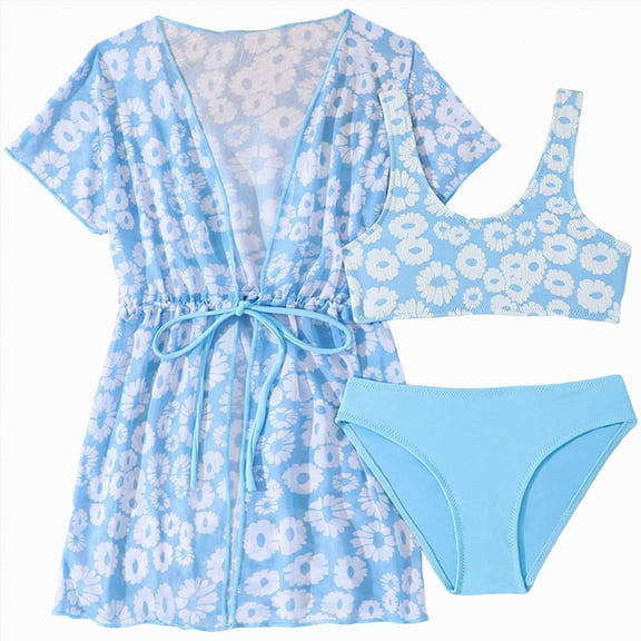 BOBOGOJP Girls Pcs Swim Cover Up Sets Floral Bikini Crop Top with Brief Kimono Teens Bathing Suit Sky Blue for Size 11-12 Years