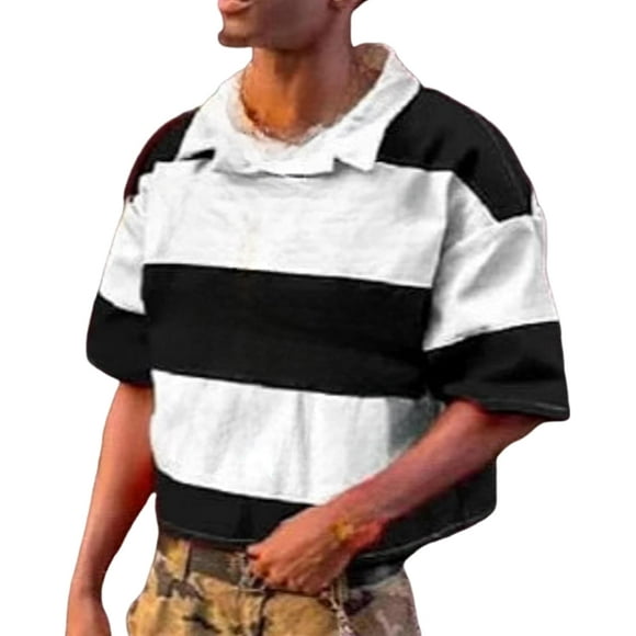 2000s Y2k Vintage Summer Tops Short Sleeve Emo Rapper Striped Collared T Shirt Grunge Polo Shirts Women Men Streetwear