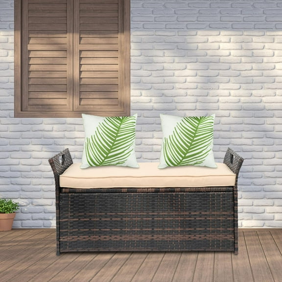 iTopRoad Outdoor Patio Rattan Wicker Storage Box and Bench, Beige Cushion, Brown Gradient