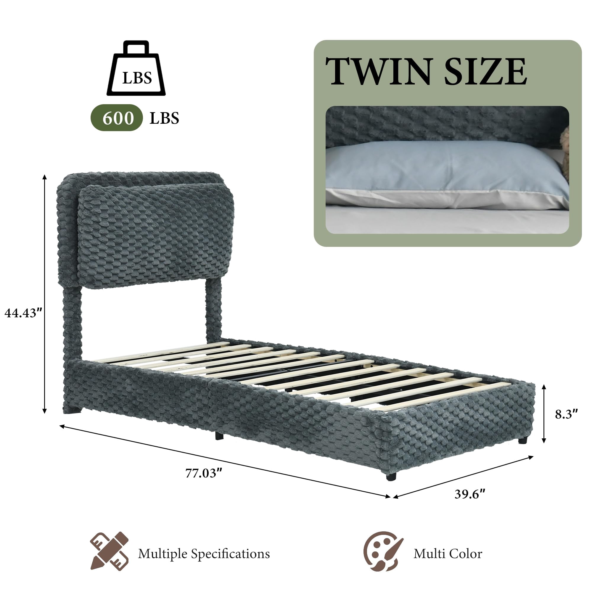 4 EVER WINNER Twin Bed Frame, Twin Size bed Frame with Headboard, Upholstered Bed Frame with Removable Pillows, Grey
