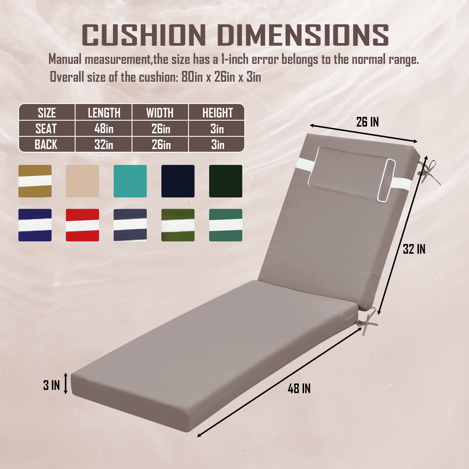 80×26×3 Inch Outdoor Chaise Lounge Cushion, 28D High Density Foam Patio Replacement Cushion with Adjustable Headrest, Waterproof Fade Resistant Fabric & Fixing Ties