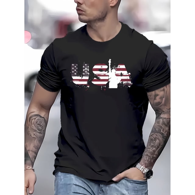 Men's Summer Casual T-Shirt with USA Print - Soft Polyester & Spandex Blend, Short Sleeve, Round Neck, Machine Washable