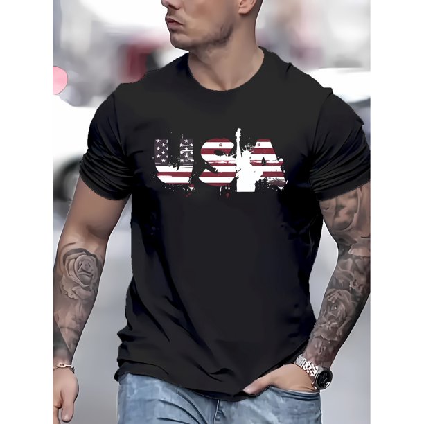 Camiseta informal de verano para hombre con estampado de EE. UU. - Mezcla de algodón suave y elastano, manga corta, cuello redondo, lavable a máquina, camiseta deportiva de ocio