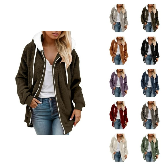 Fleece Jacket for Women 2025 Fall Winter Long Sleeve Casual Fuzzy Zip Up Hoodie Hooded Jackets Outerwear