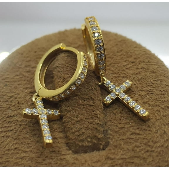 1/2 CT Men’s 14K Yellow Gold Plated Solid 925 Sterling Silver CZ Cross Dangle Huggie Hoop Earrings – Hanging Drop Style