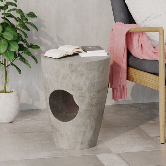 LifeSky Concrete Side Table with Unique Cut-Out Design for Living Room Decor: Artistic Accent Table, 14.5" Round Top, 18.5" Height - Lightweight for Easy Arrangement - Modern Minimalist Home