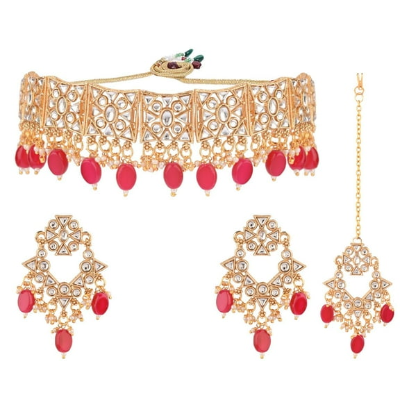 Efulgenz Antique Gold Tone Pink White Choker Necklace Head Chain and Chandbaali Earrings Set Indian Jewelry Sets for Women Indian Bridal Sets Ethnic Faux Crystal Stone Necklace Set
