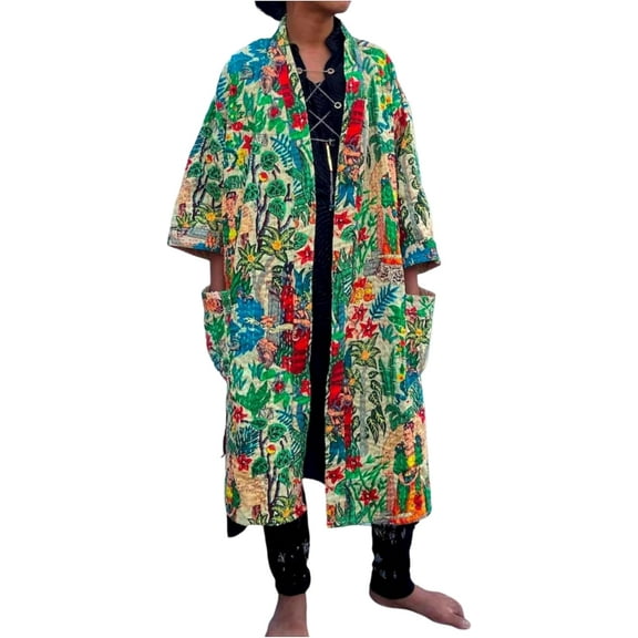 JaipurDecorArt Handmade 100% Cotton Kantha Kimono Free Size Beach Cover Up Swimwear Cardigan With Two Side Pockets Women Summer Bikini Kimono