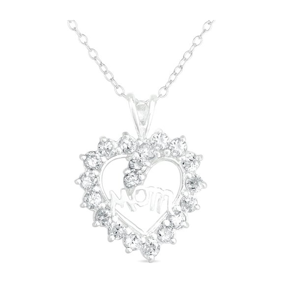 CZ Sterling Silver Heart "Mom" Pendant, 18"