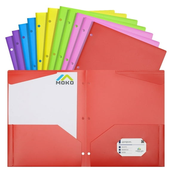MoKo 12pcs Durable Pocket Folders, 3 Hole Punch Presentation Letter Size Plastic Folders, Multicolor